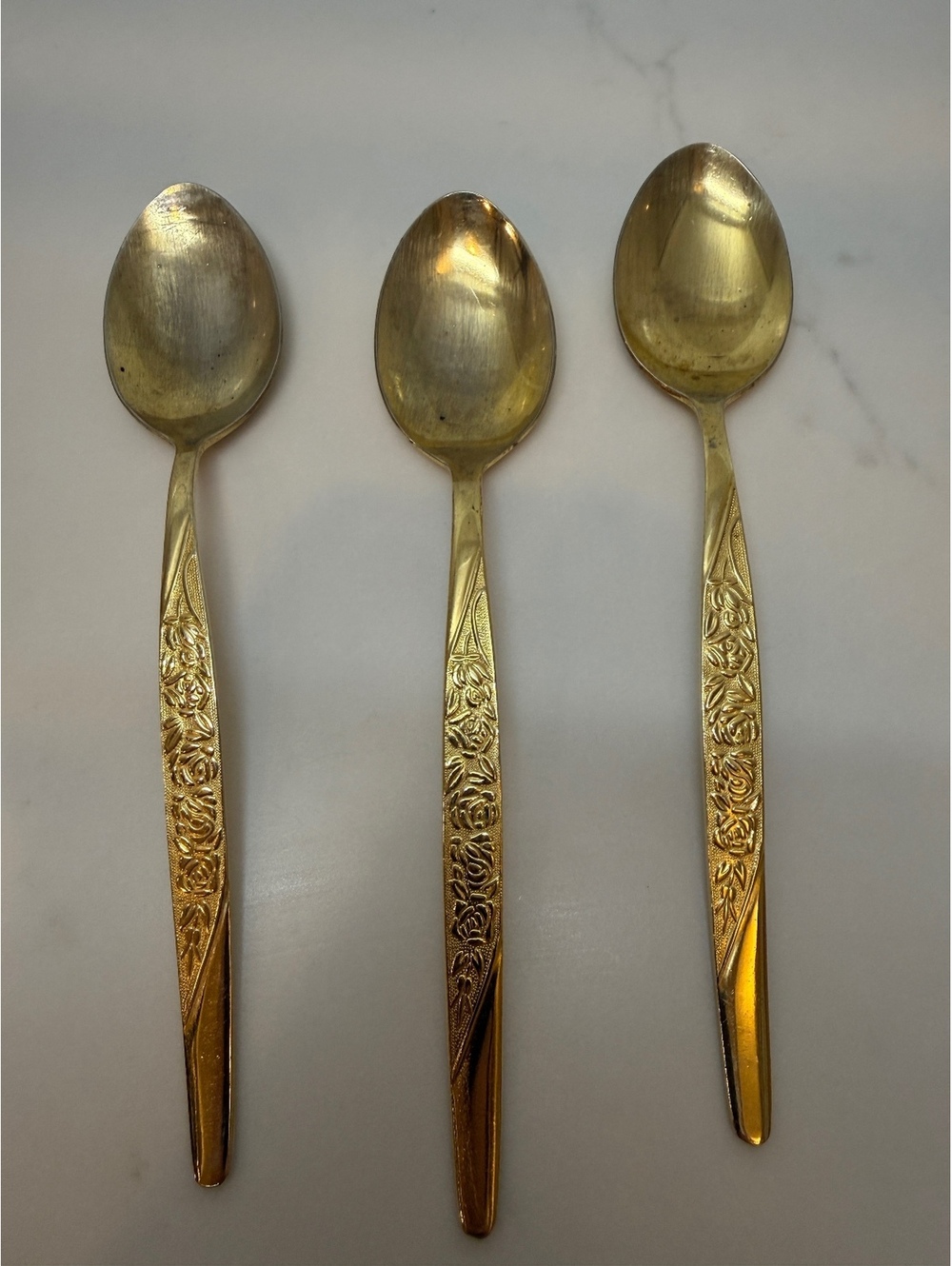 Set of 3 Navford Stainless Steel Gold Tone Dessert Spoons with Floral Handle